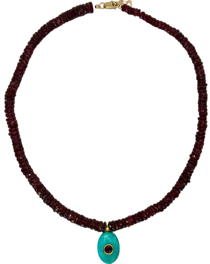 Faceted Garnet with Turquoise and Ruby Charm