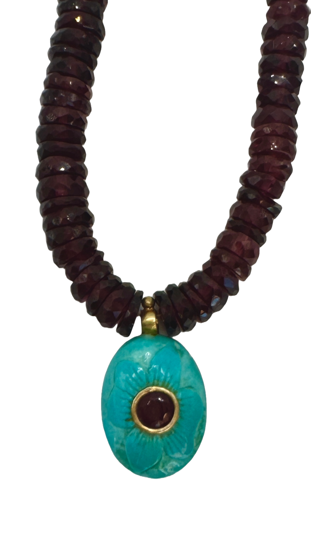 Faceted Garnet with Turquoise and Ruby Charm