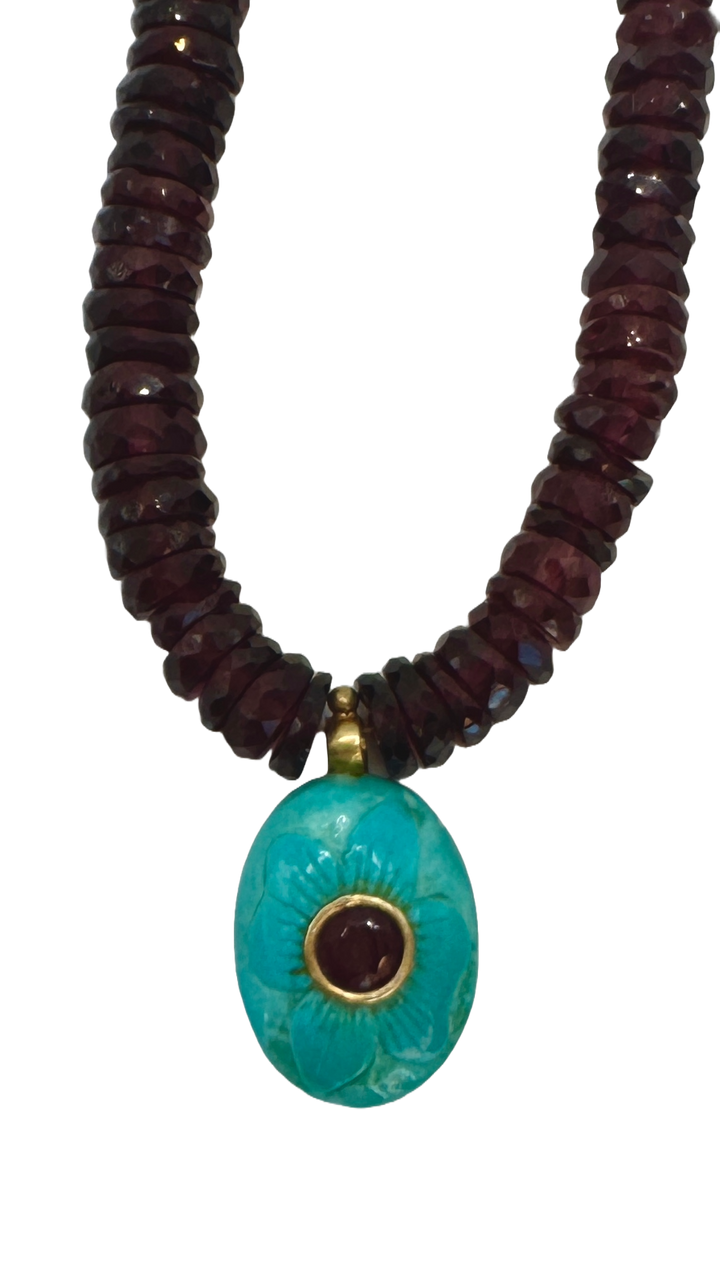 Faceted Garnet with Turquoise and Ruby Charm